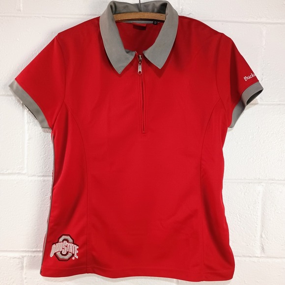 Tops - Ohio State OSU Buckeyes Team Shop 1/4 Zip Short Sleeve Polo Womens Red Gray Logo
